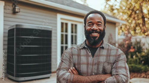 Smiling african male adult standing by home hvac system