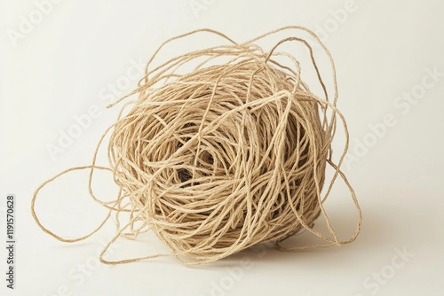 Tangled mess. Unorganized, stress, confused, complicated, concept image. Large ball of tangled and hemp string isolated on neutral white background. photo