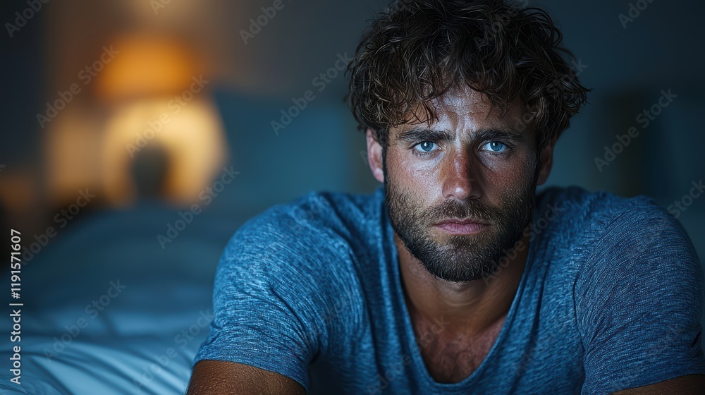 Pensive caucasian male adult with beard in dimly lit room Pensive caucasian male adult with beard in dimly lit room