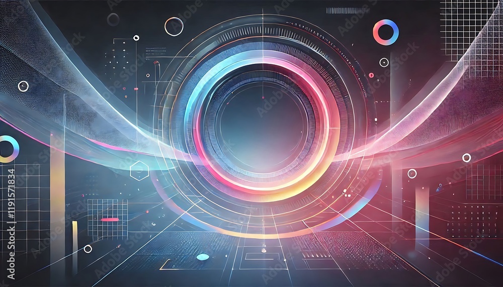 Obraz premium Futuristic abstract gradient background with soft neon hues, smooth transitions, and geometric elements, creating a modern digital aesthetic. Generative AI