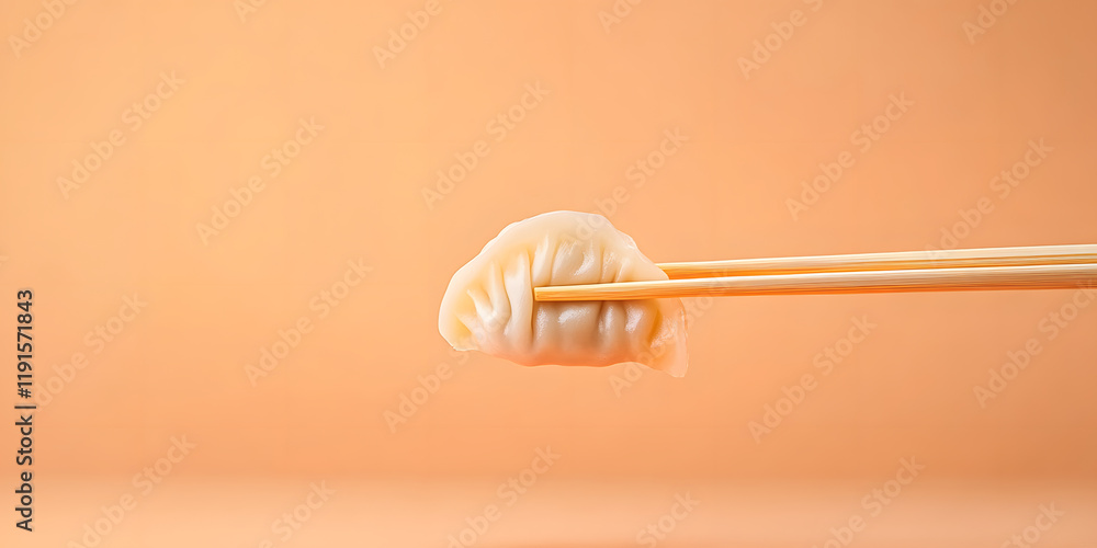 A single steamed dumpling delicately held by chopsticks against a soft orange backdrop. Perfect for food blogs or culinary websites. A single steamed dumpling delicately held by chopsticks against a soft orange backdrop. Perfect for food blogs or culinary websites.