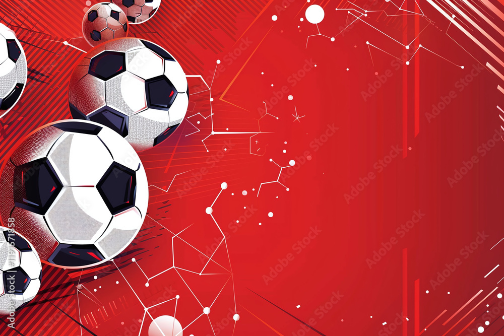 Fototapeta premium Abstract Red Background with Soccer Balls and Hexagonal Shapes for a Modern Sports Design