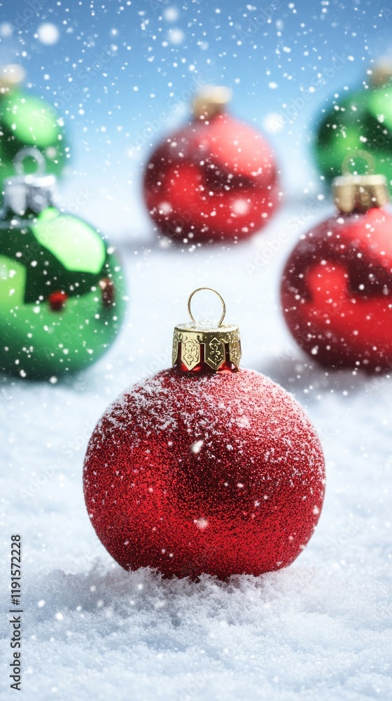 Red Christmas ornaments in snow, festive winter scene, holiday card Red Christmas ornaments in snow, festive winter scene, holiday card