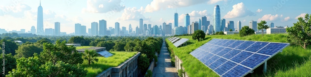 Fototapeta premium Solar panels integrated into city skyline, green rooftops , city, energy