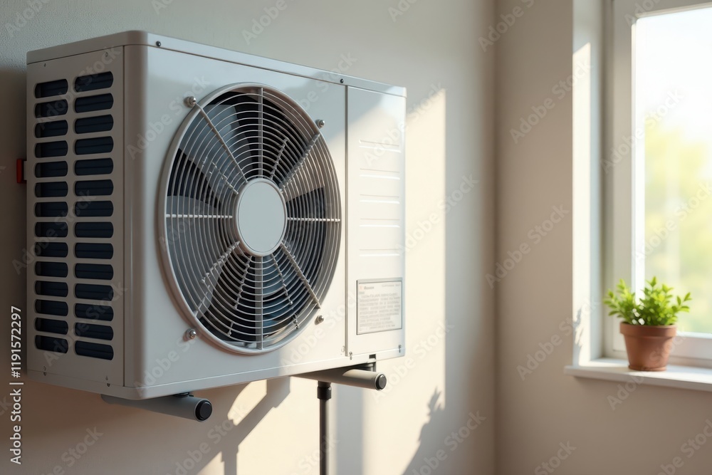 Close-up of heat pump unit on residential wall, close up, evaporator Close-up of heat pump unit on residential wall, close up, evaporator