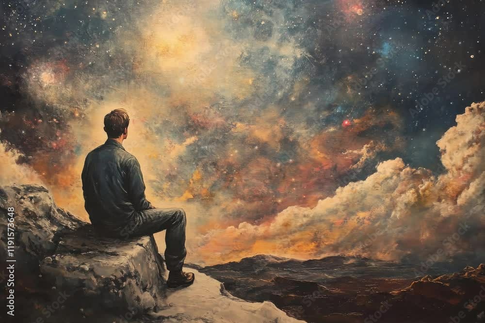 A man standing at the edge of the cosmos, contemplating the infinite wonders of the universe. A man standing at the edge of the cosmos, contemplating the infinite wonders of the universe.