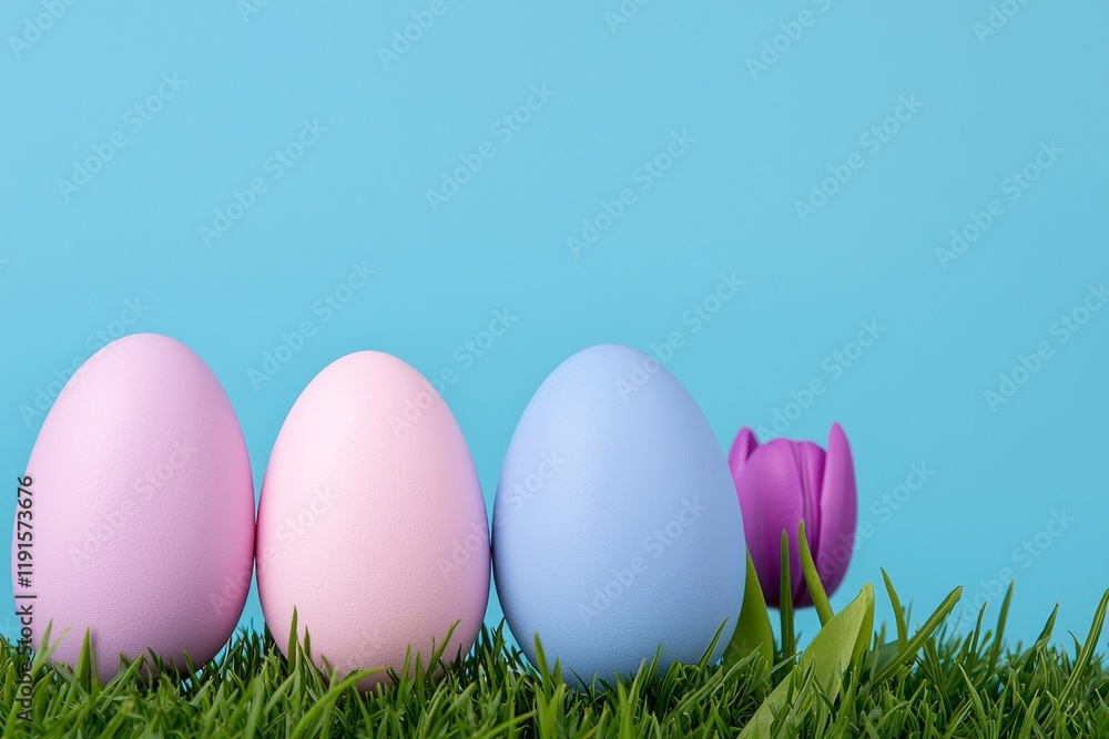 Easter eggs scattered across a meadow filled with purple blooms, stock Easter eggs scattered across a meadow filled with purple blooms, stock