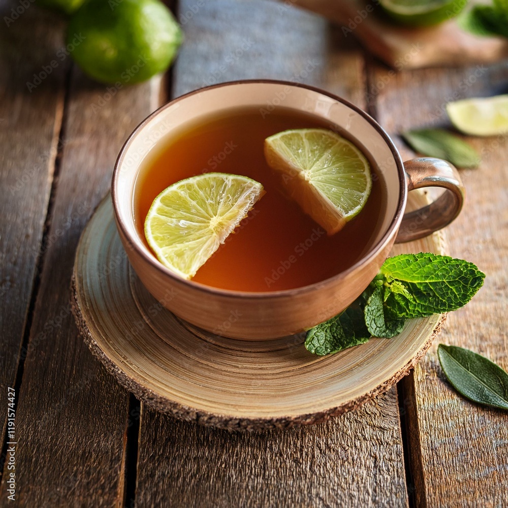 Generated image Cup of herbal tea with fresh lime slices on a rustic surface, aromatic and healthy beverage Generated image Cup of herbal tea with fresh lime slices on a rustic surface, aromatic and healthy beverage