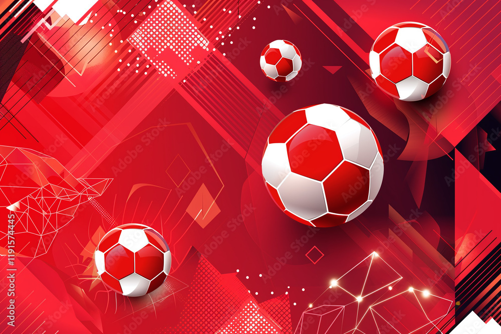Obraz premium Abstract Red Background with Soccer Balls and Hexagonal Shapes for a Modern Sports Design