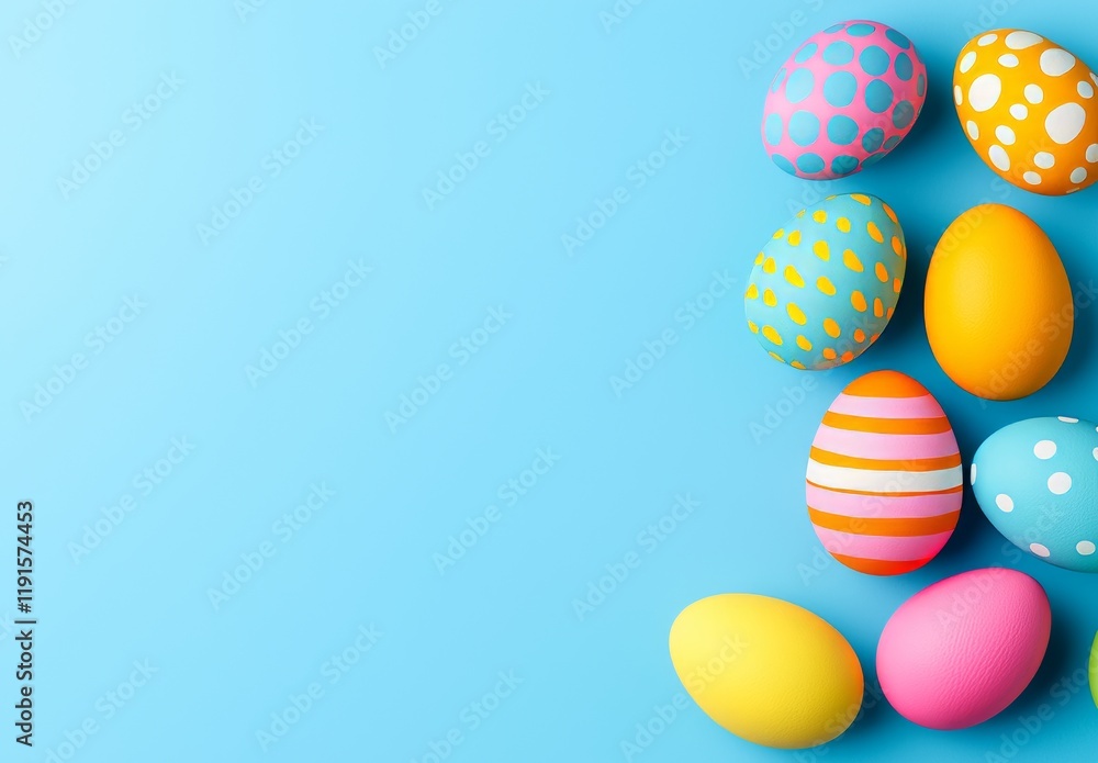Easter eggs laid out on a pastel blue backdrop, photographed from above with room for copy, in a flat lay format Easter eggs laid out on a pastel blue backdrop, photographed from above with room for copy, in a flat lay format