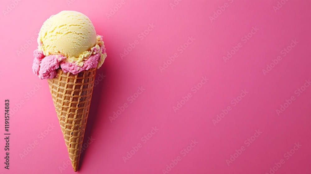 Colorful ice cream cone with pink and yellow flavors on a vibrant pink background Colorful ice cream cone with pink and yellow flavors on a vibrant pink background
