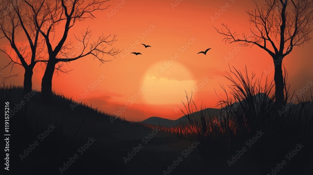 Fototapeta premium Silhouette Trees Sunset Landscape Birds Flying