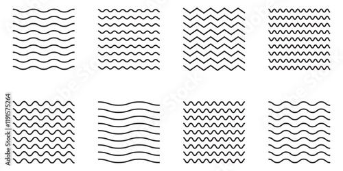 Zigzag wave. Wavy line. Undulate zigzag. Curve and squiggle line. Wiggly pattern for divider, sine and border. Serrated pattern with different amplitude. Parallel graphic zig zag. Vector.