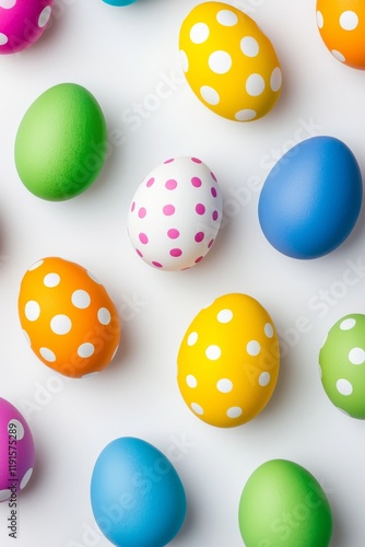 A vibrant assortment of Easter eggs displayed against a plain backdrop photo