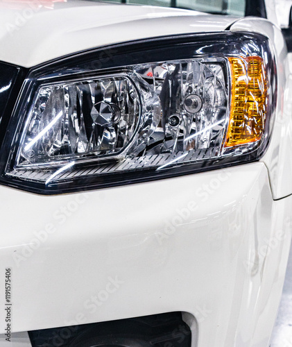 Internal and external car parts. Bodywork. Headlights. Texture and macro photography of car parts. Part details