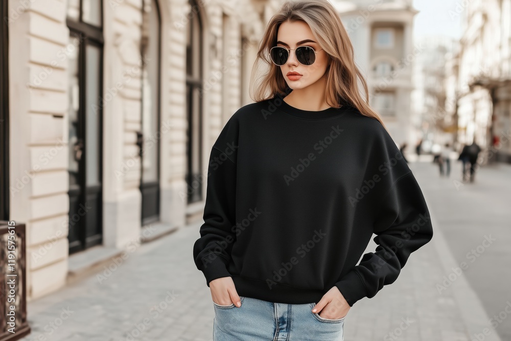 Fototapeta premium A stylish young woman wearing a black oversized sweatshirt mockup and sunglasses, walking confidently on a city street. The background features elegant architecture and a sunny atmosphere.