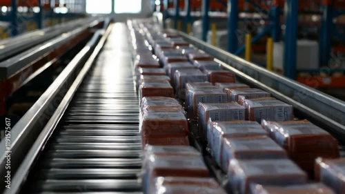 Close-up of conveyor belts moving packaged goods in a warehous photo