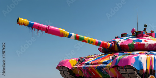 A colorful tank, dripping with vibrant paint, stands against a clear blue sky.  The unconventional artwork transforms a military vehicle into a striking piece of art. photo