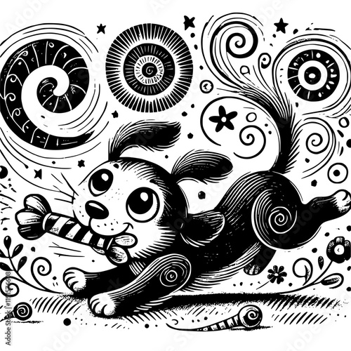 Playful Puppy Joyfully Carrying Striped Bone Against Swirling Abstract Background