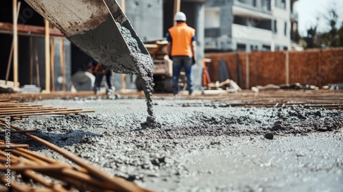 A construction site with workers pouring concrete into a foundation, with rebar and mixers in the background, Foundation construction scene © keshia