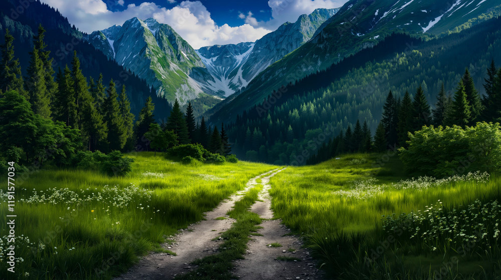 Fototapeta premium A dirt road in the middle of a lush green field with mountains in the background