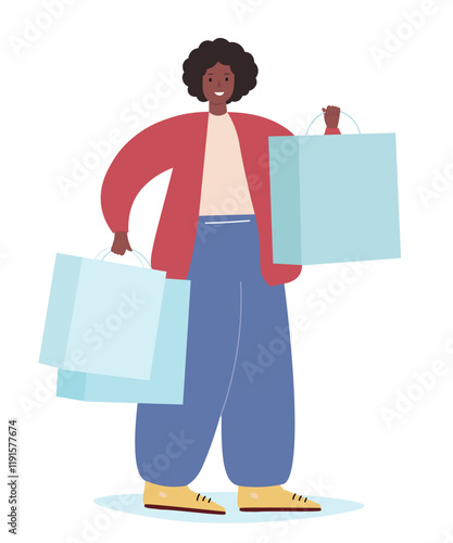 A full-length woman holds purchases in her hands. Joyful girl with packages on sale. Vector flat graphics.