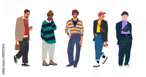 Street fashion men. Different guys walking, wearing trendy modern outfit, jeans, cap, jacket, sneakers, sunglasses . City boys urban look vector realistic illustration isolated on white background.
