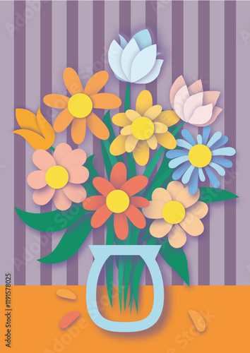 A vector illustration of a vase filled with delicate pastel flowers, drawn in a unique paper cut style. This artwork combines soft hues and intricate details for a minimalist yet elegant feel.