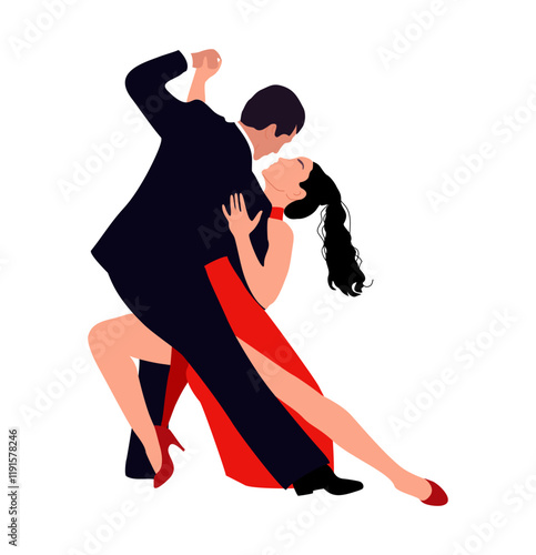 Dancing Couple, Dancers Tango, Salsa, Bachata, Flamenco, Latina Dance. Young man and woman in dance pose. Vector realistic illustration isolated in white background for poster, party invitation.