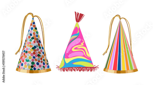 Set of Birthday party hats isolated on white background. Party cones with cute decorations. Birthday Colorful Cap vector illustrations.