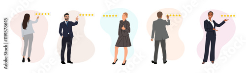 Business people leave five star rating and service satisfaction feedback. Different men and women in formal suit give a review rating and feedback. Vector illustrations isolated on white background.
