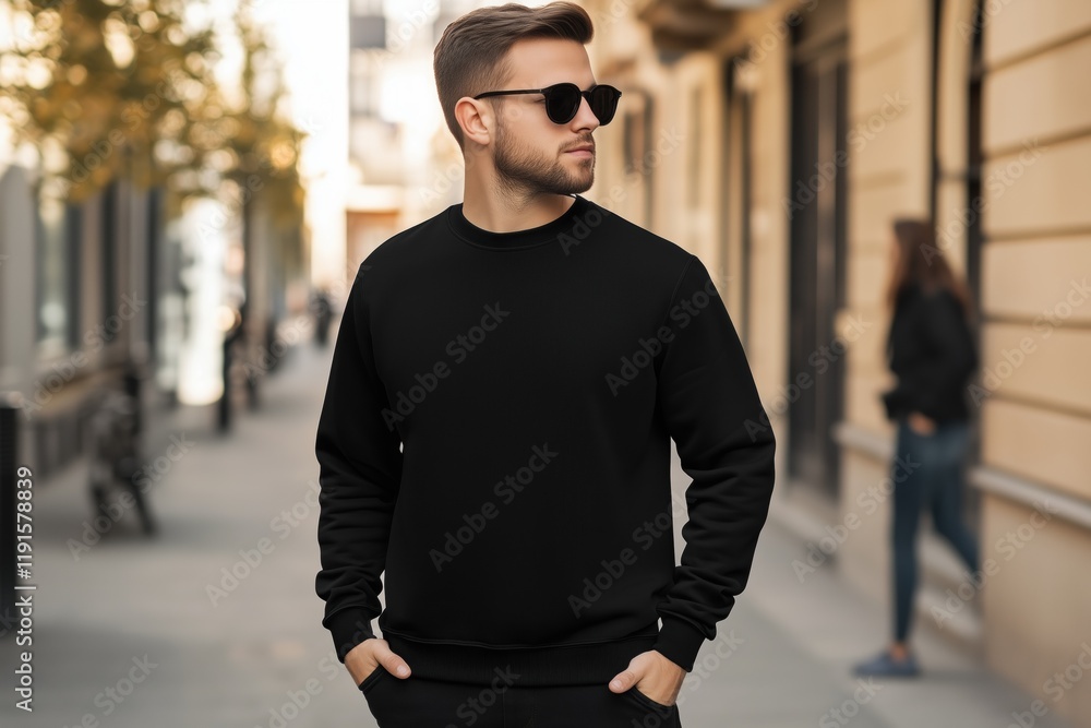 A stylish young man wearing sunglasses and a black sweatshirt mockup walks confidently down a city street. The background features urban architecture and a blurred figure in casual attire. A stylish young man wearing sunglasses and a black sweatshirt mockup walks confidently down a city street. The background features urban architecture and a blurred figure in casual attire.