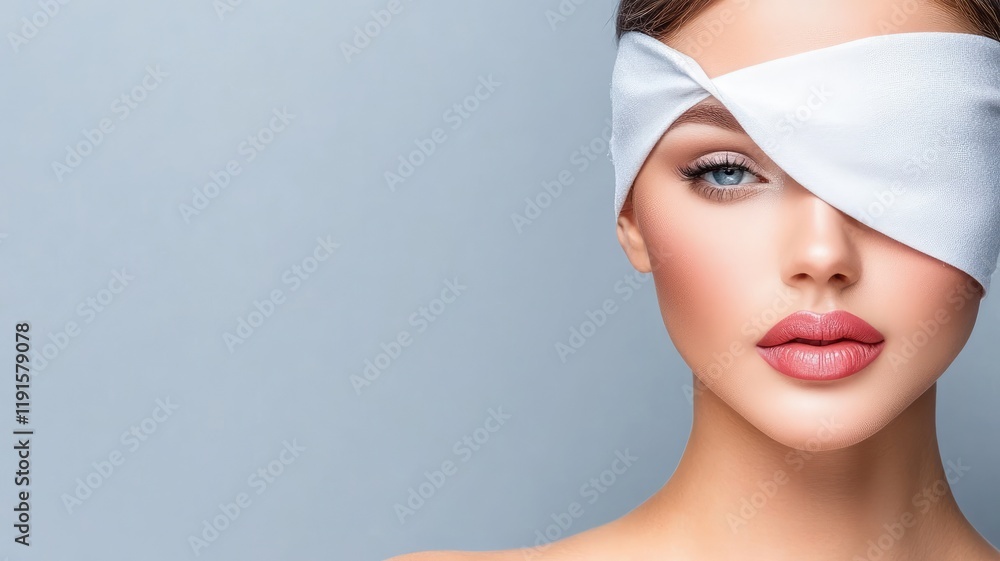 Woman with head bandage over one eye, makeup, and neutral background Woman with head bandage over one eye, makeup, and neutral background