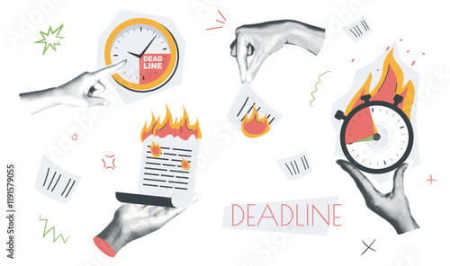 Deadline vintage collage conception set in retro halftone design. Collection with hands holding burning documents and countdown alarmclock, pointing to clock with time ending. Vector illustration.