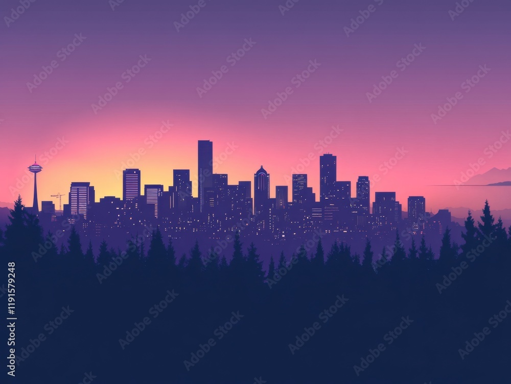 Sunset skyline view over a forest with city lights glowing in the distance Sunset skyline view over a forest with city lights glowing in the distance