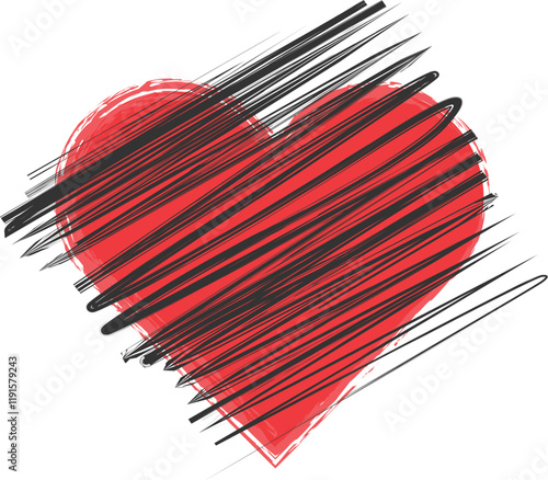 Red heart with black grunge lines 
