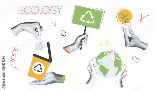 Ecology vintage collage conception set in retro halftone design. Collection with hands holding planet Earth or electricity save light bulb, putting trash into recycling bins. Vector illustration.
