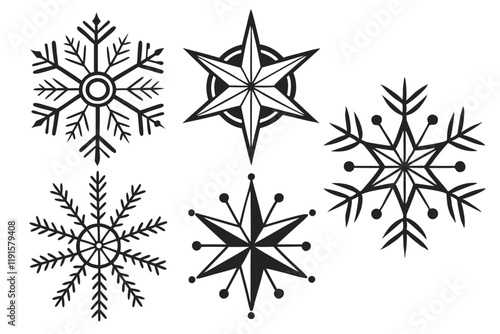 Snowflake icons, black and white, symmetrical patterns, winter symbols, geometric designs, crystalline structures, variety of shapes, simple silhouettes, minimalist graphics, cold weather motifs, fest
