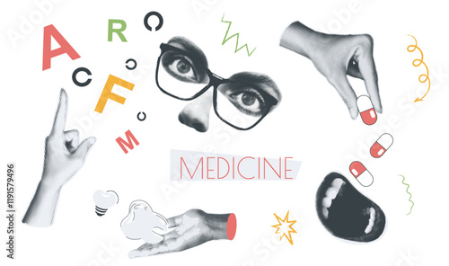 Medicine vintage collage conception set in retro halftone design. Collection with hands holding tooth or pills, open mouth gets capsule treatments, eyes at ophthalmology chek. Vector illustration.