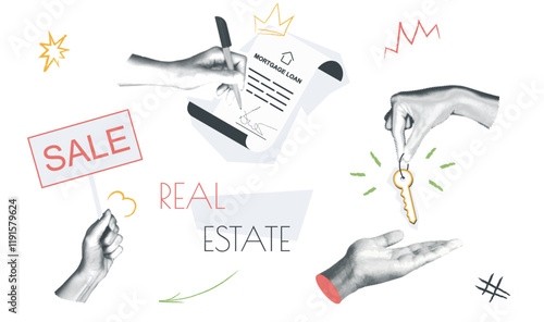 Real estate vintage collage conception set in retro halftone design. Collection with hands holds sale banner, signs mortgage loan document, buys apartment or house and gets key. Vector illustration.