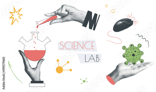 Science lab vintage collage conception set in retro halftone design. Collection with hands holds test tubes, making scientific research, studying molecular virus in laboratory. Vector illustration.