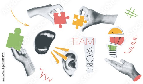 Teamwork vintage collage conception set in retro halftone design. Collection with hands holding puzzle pieces, generating light bulb idea, open mouth shouting to colleague ear. Vector illustration.