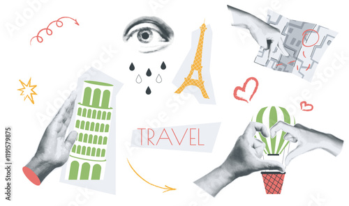 Travel vintage collage conception set in retro halftone design. Collection with hands leaning Pisa tower, eye looks at Eiffel tower, hand pointing at route map or hot air balloon. Vector illustration.