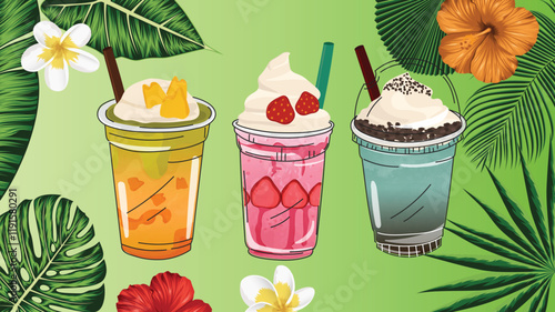 Bubble tea Coffee and milkshakes with boba balls Summer cold drink vector icons set