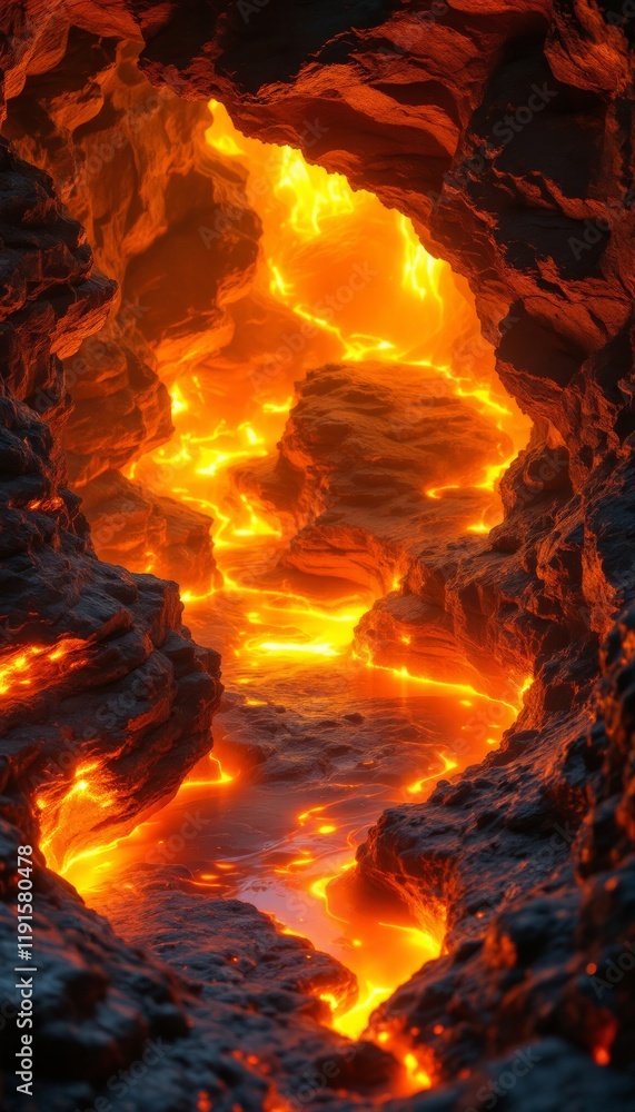 Lava Flowing Through a Cave, Dynamic Volcanic Scene with Molten Rock Lava Flowing Through a Cave, Dynamic Volcanic Scene with Molten Rock