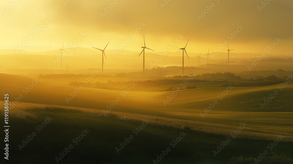 Obraz premium Peaceful Countryside Wind Farm at Sunrise with Renewable Energy