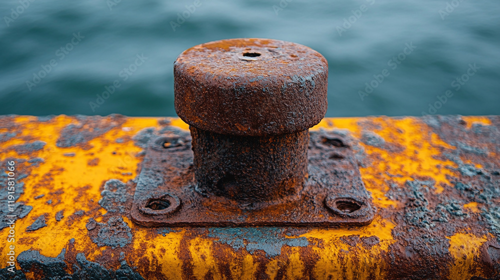 Rusty mooring bollard against a blurred backdrop of water Rusty mooring bollard against a blurred backdrop of water
