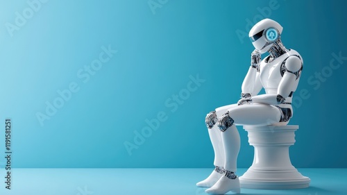 Human-like robot sitting on pedestal showing reflection posture