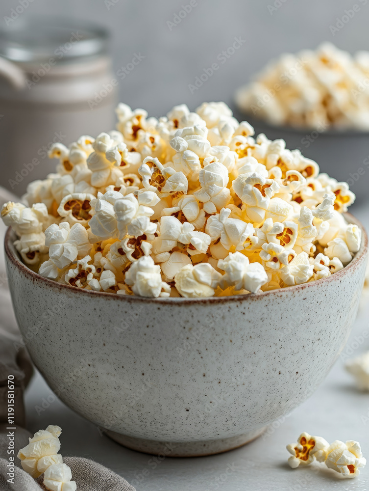 A bowl filled with freshly popped popcorn. A bowl filled with freshly popped popcorn.