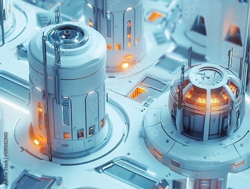 Futuristic technology facility with glowing structures and complex design elements